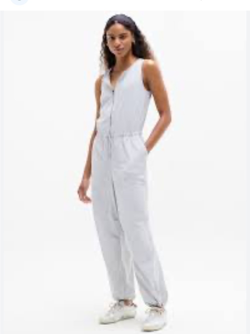 Athleta Sleeveless Zip-Front Jumpsuit in Light Gray